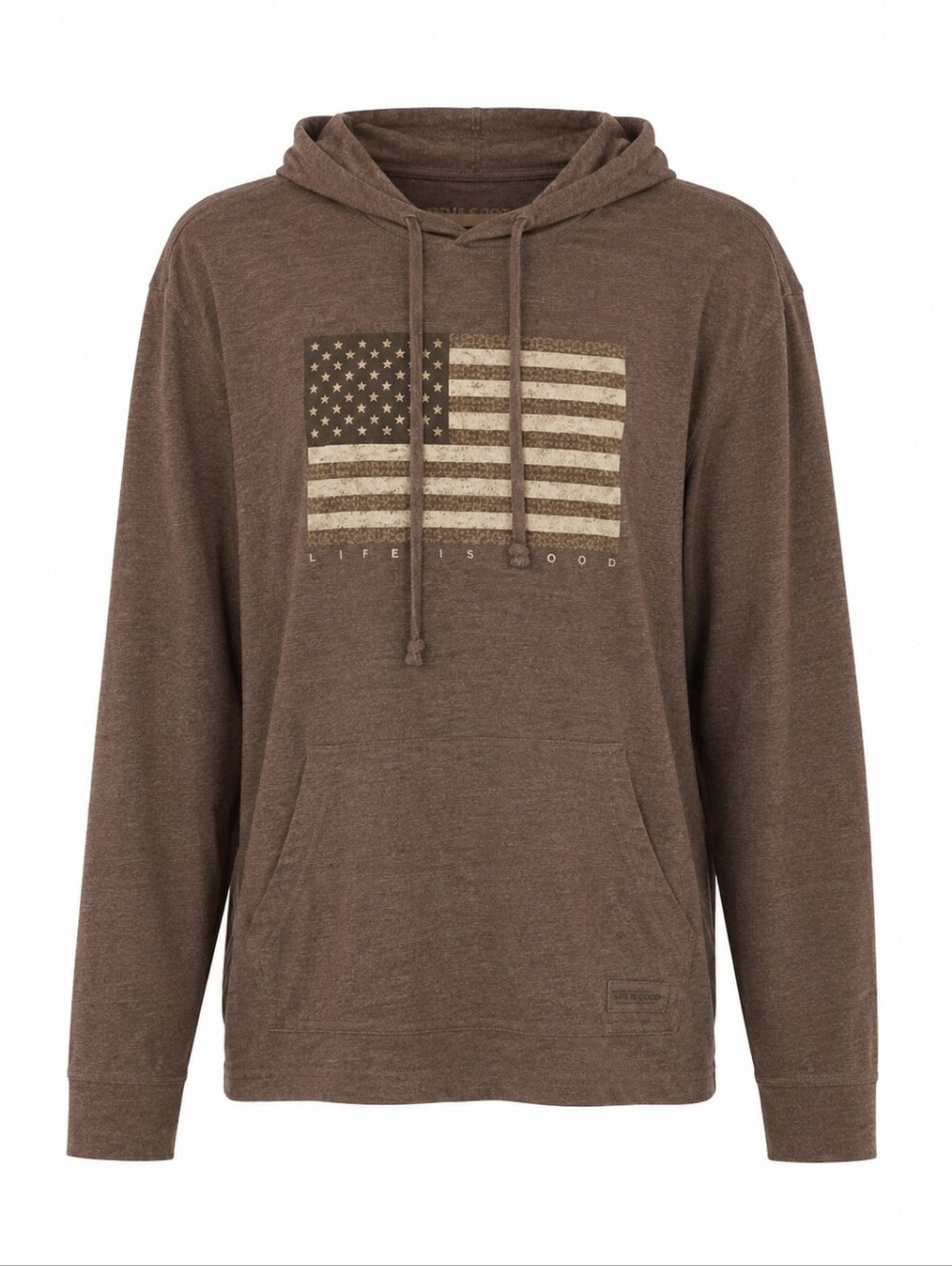 Life Is Good Brown Hooded Long-Sleeve Tee with Flag Graphic